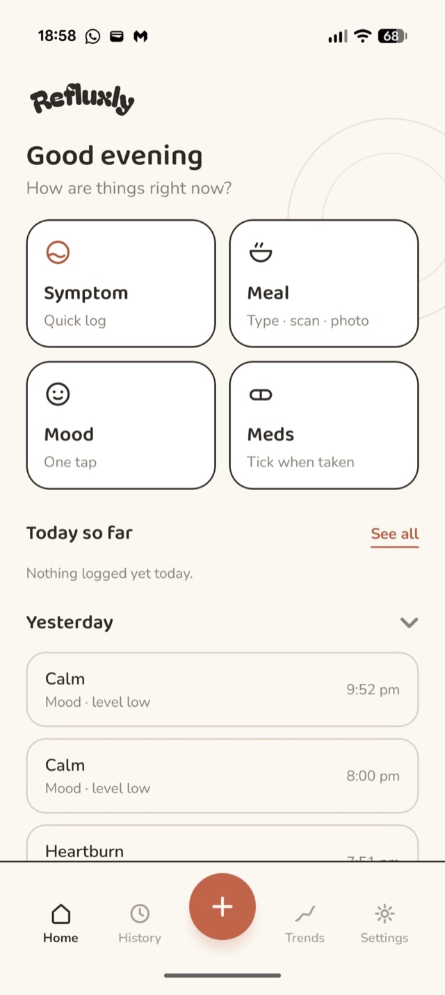 refluxly home screen showing the daily log